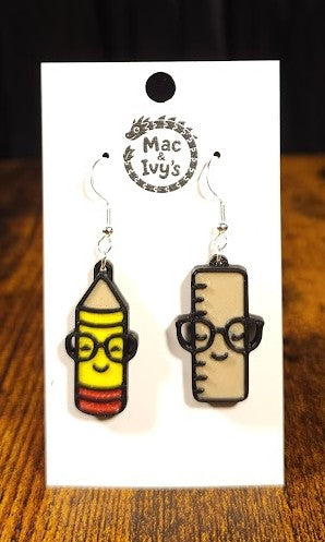 Pencil, Ruler or Crayon with Glasses Earrings
