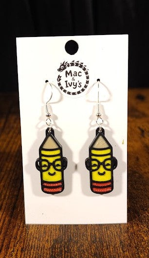 Pencil, Ruler or Crayon with Glasses Earrings